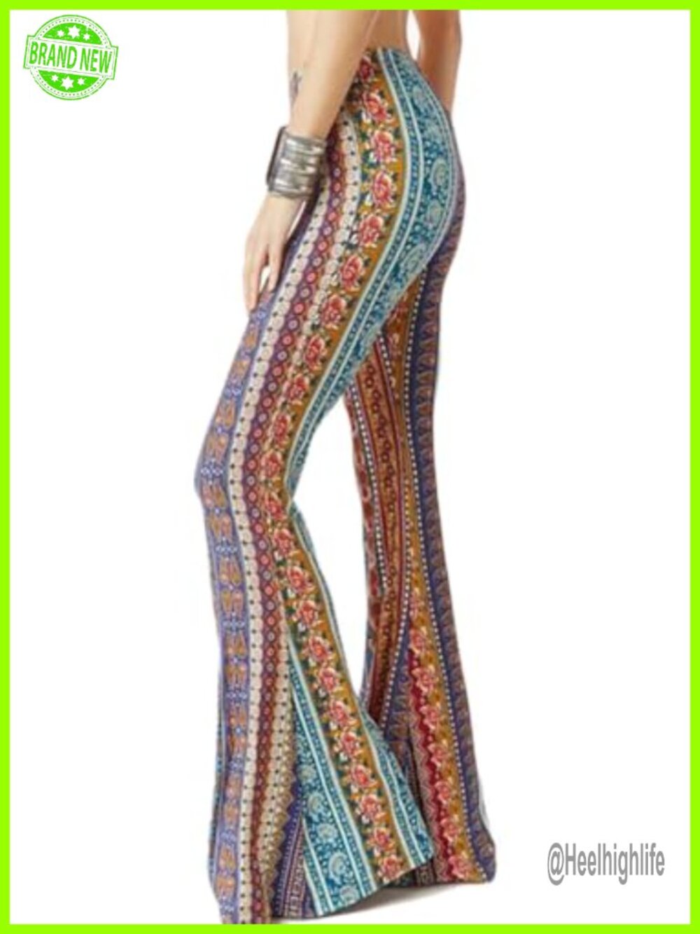 WSPLYSPJY Floral Print Stretch High Waist Bell Bottom Palazzo Pants Trousers